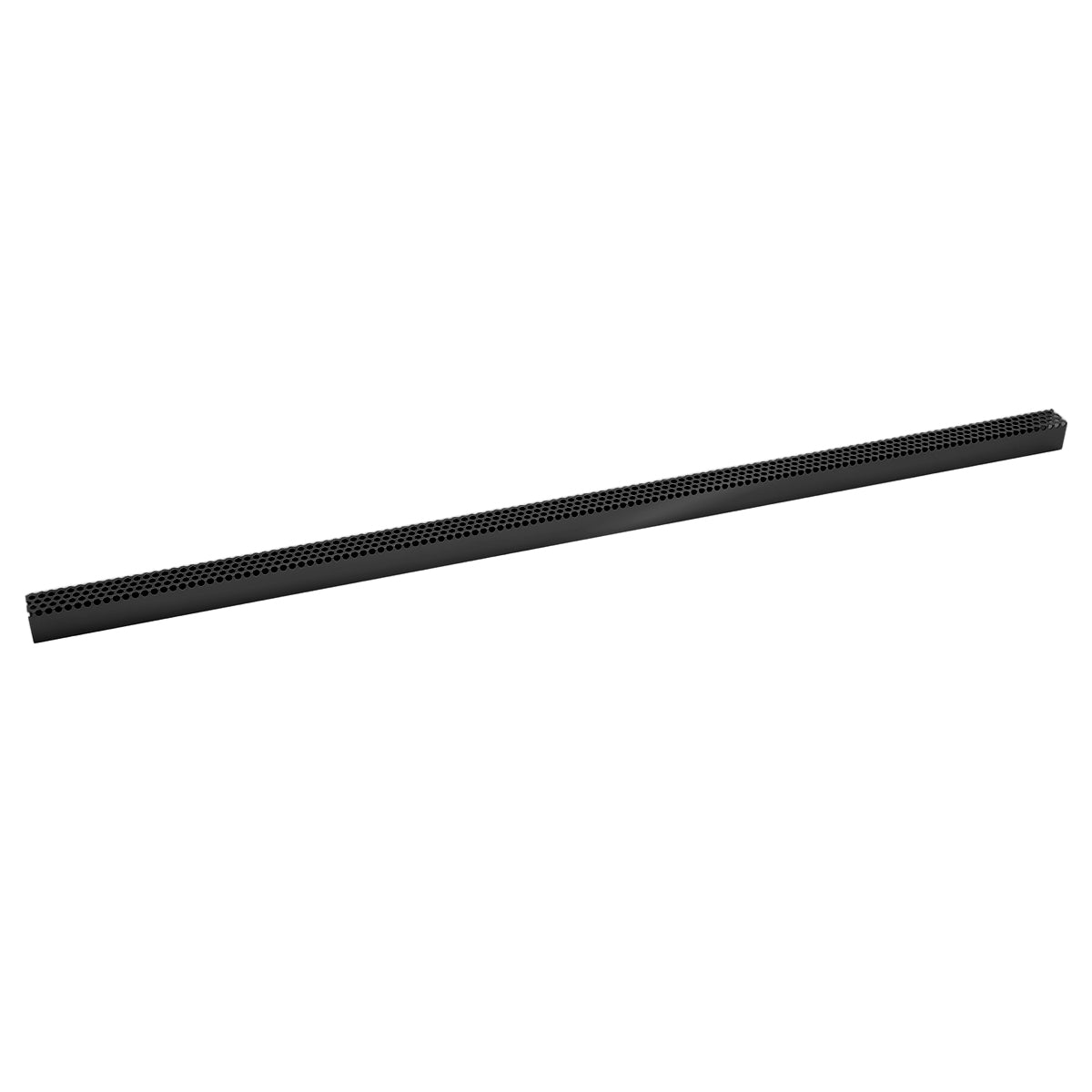 Matte black linear drain grate with perforated surface and rounded ends, approximately 60 inches long.