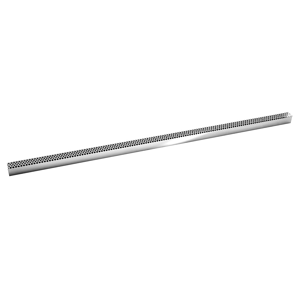 Polished stainless steel linear drain grate with small circular perforations along the top surface.