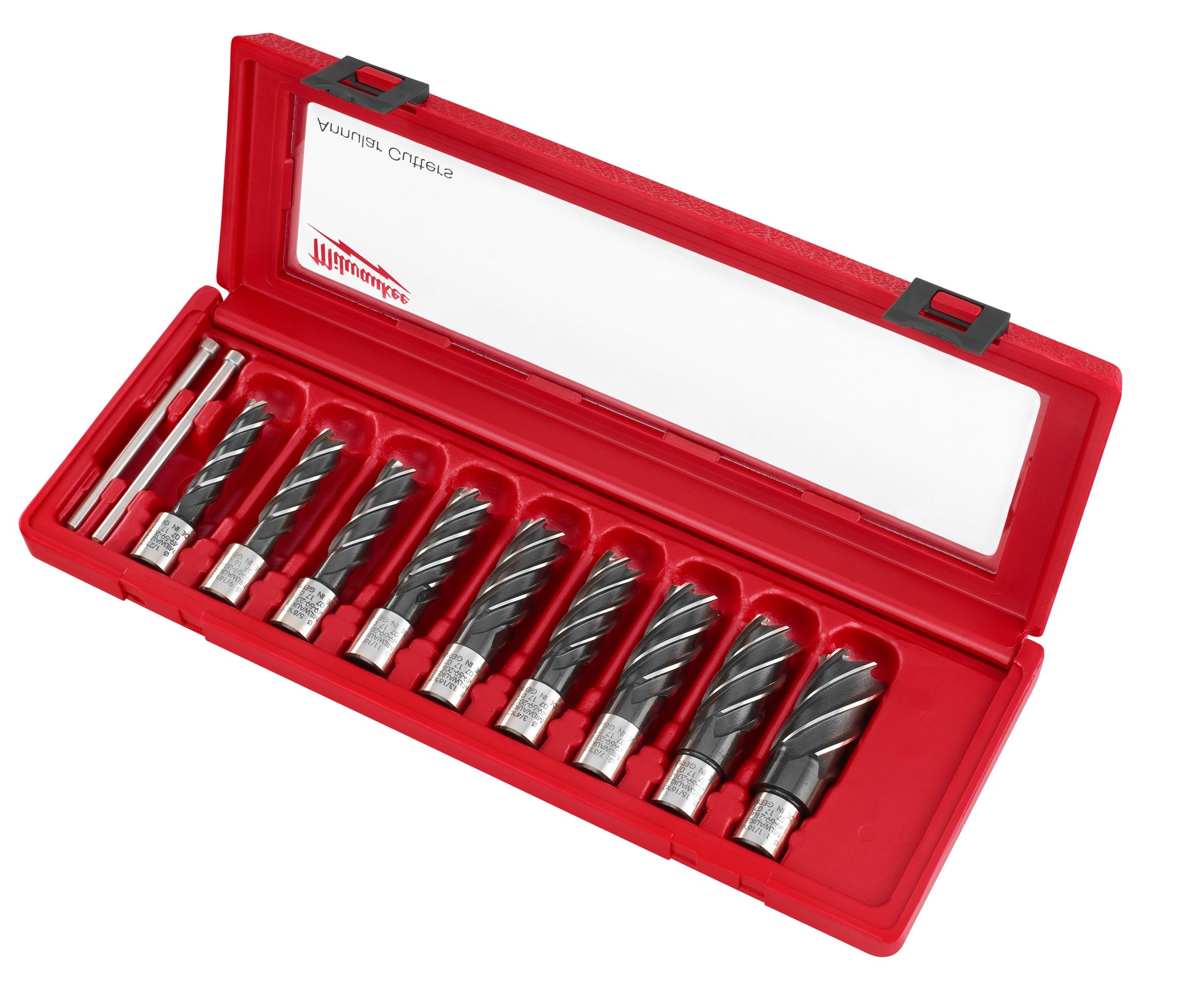 Nine HSS annular cutters in varying sizes stored in a red Milwaukee case with label.