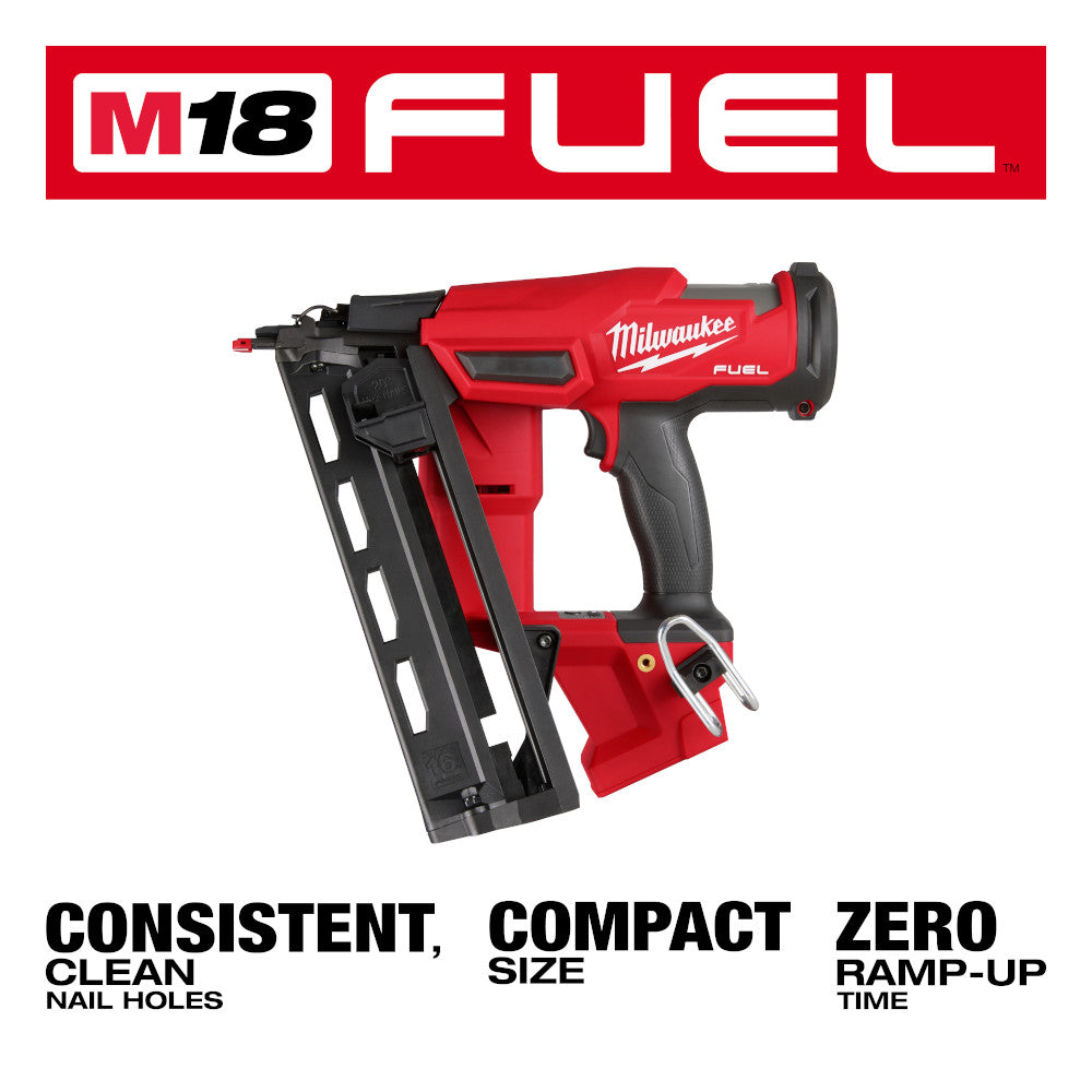 Milwaukee M18 FUEL red and black cordless angled finish nailer with grip handle and nail magazine.