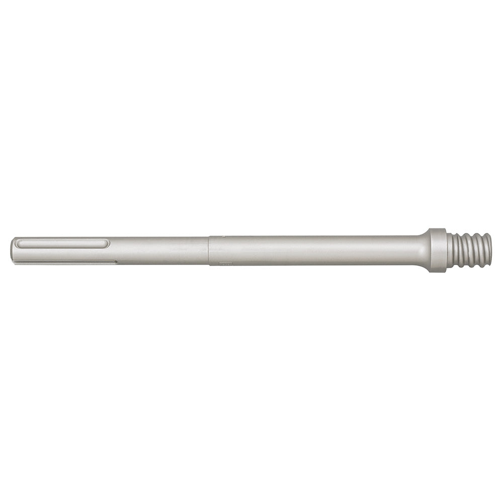 Silver metal SDS-Max adapter shaft with threaded end and slot opening on left end, 12 inches long.