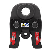 Black iron press jaw with circular opening at top, two gray adjustment knobs, warning labels, and red M18 handles marked "BIP