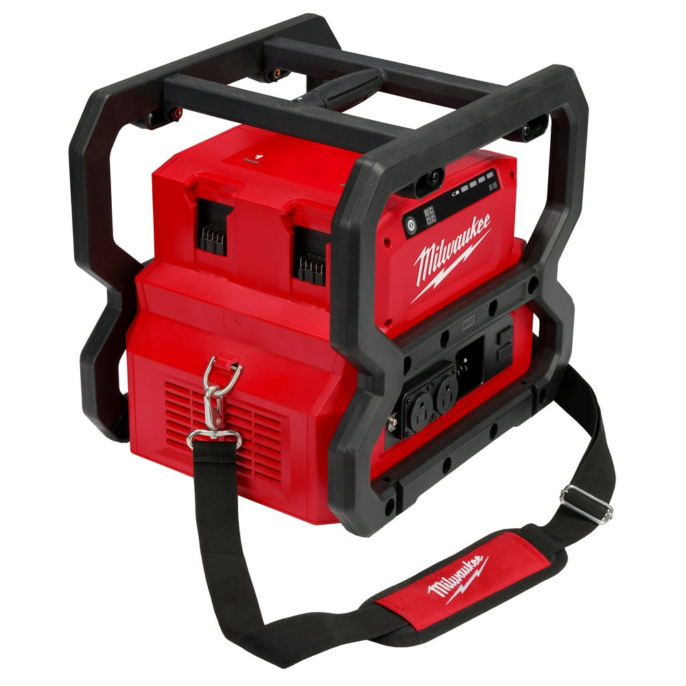 Black nylon shoulder strap with red Milwaukee branding pad attached to power supply unit.