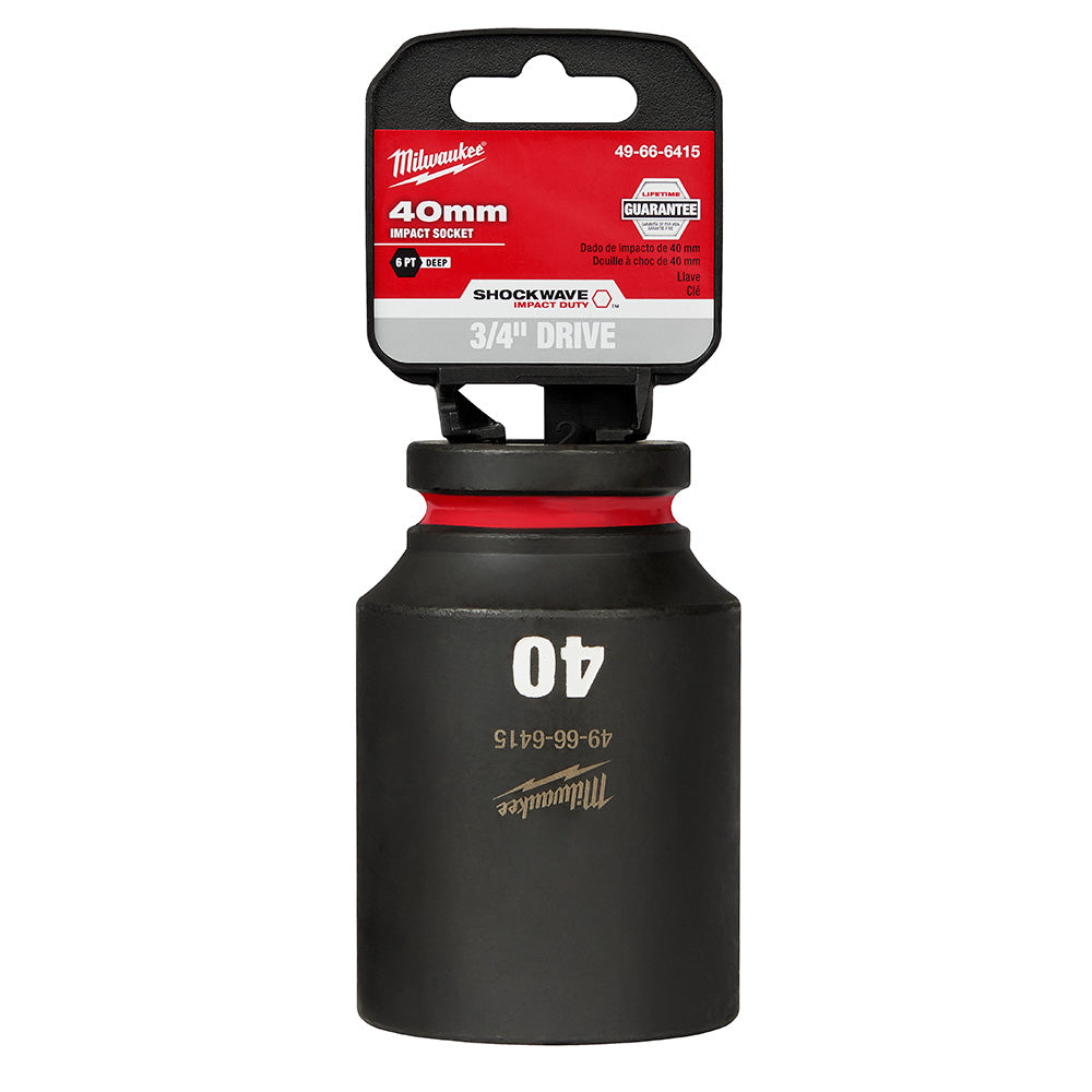 Milwaukee Shockwave 40mm deep 6-point socket with 3/4" drive in black with red band and packaging.