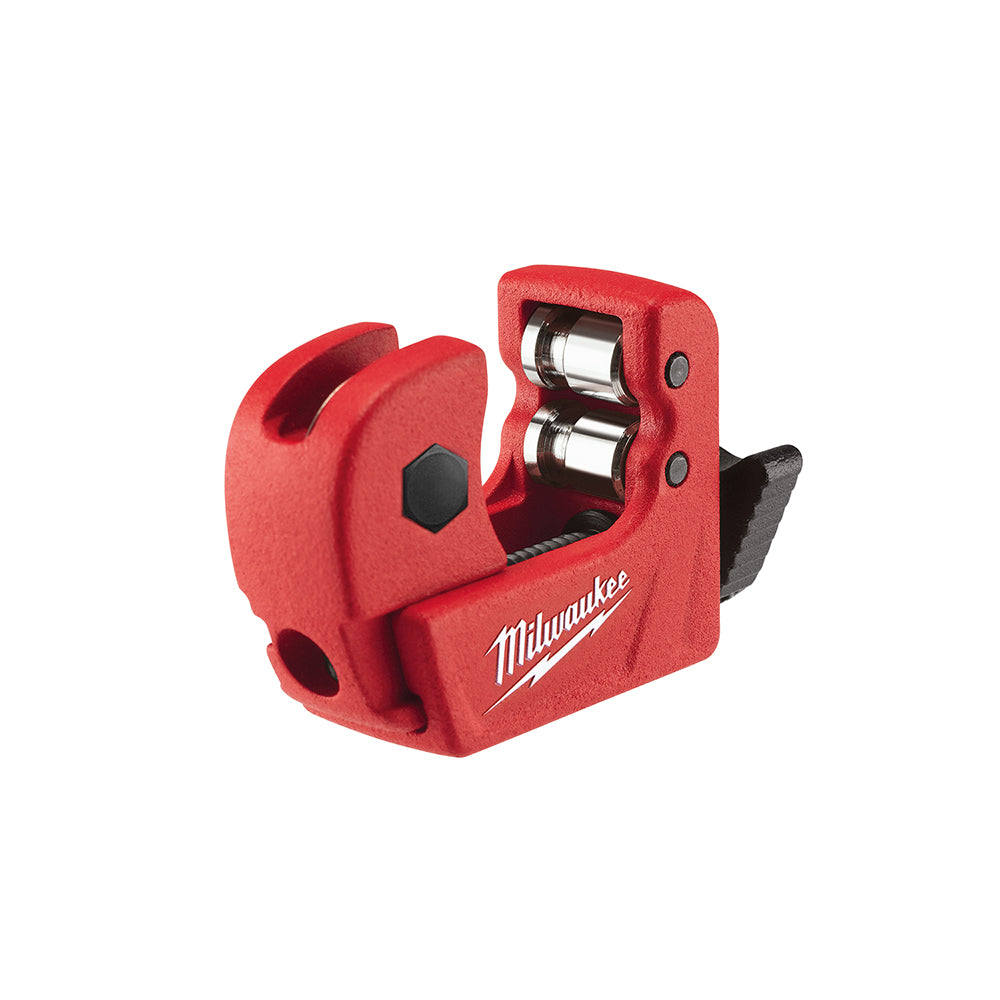 Red Milwaukee mini copper tubing cutter with dual cutting wheels and black lever handle.