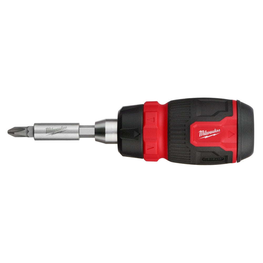 Red and black Milwaukee ratcheting screwdriver with silver shaft and interchangeable bit holder visible on left side.