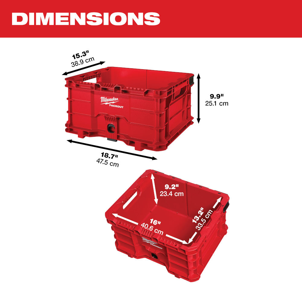 Red Milwaukee PACKOUT crate with dimensions 15.5" W × 18.7" D × 9.9" H, shown closed and open views.