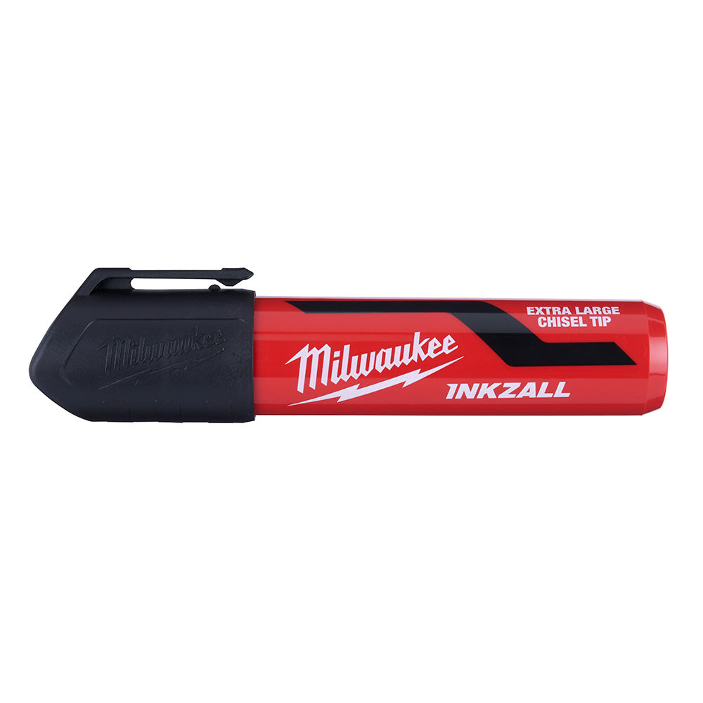 Milwaukee INKZALL black marker with red barrel and large chisel tip, shown with black rubber grip.