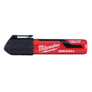Milwaukee INKZALL black marker with red barrel and large chisel tip, shown with black rubber grip.
