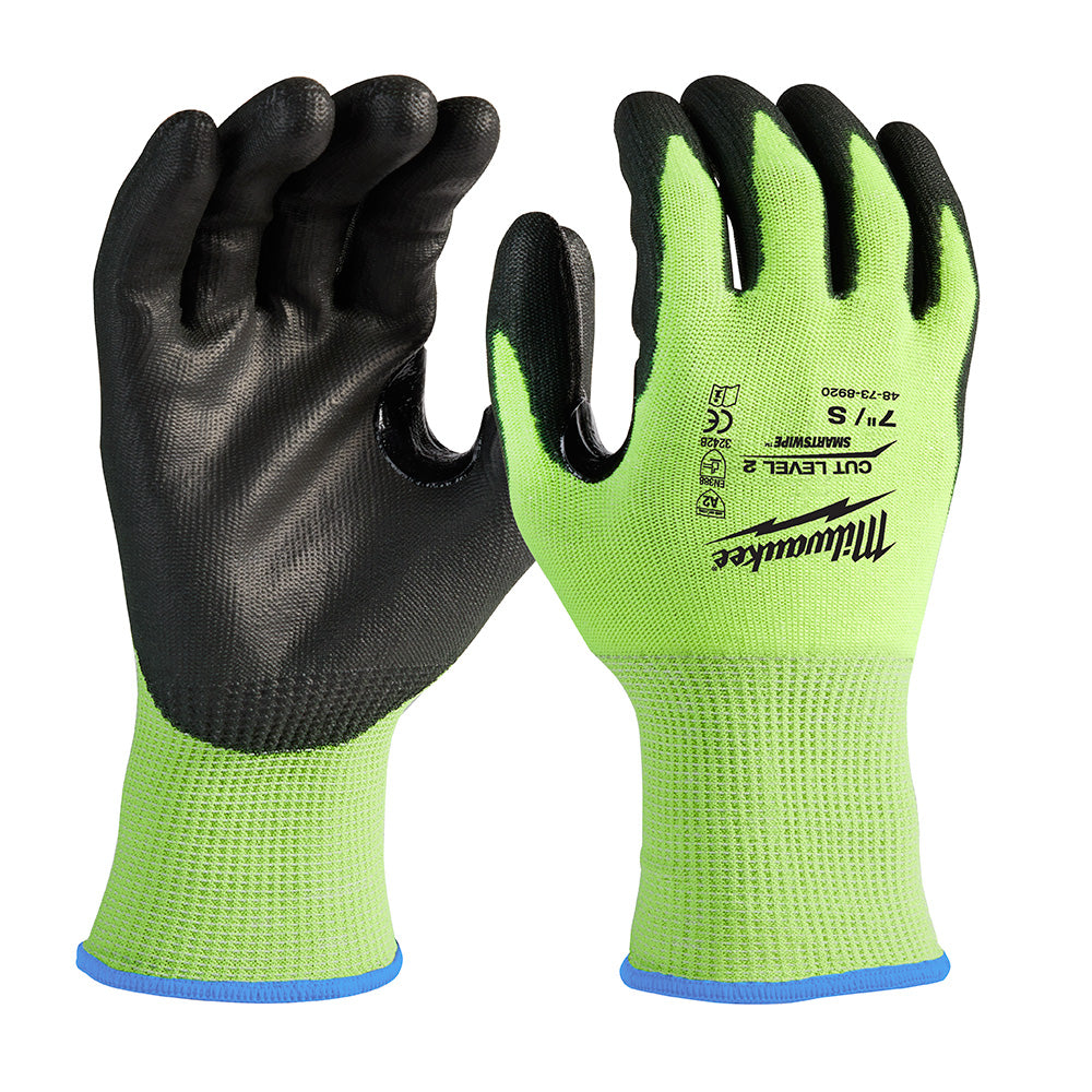 High-visibility work gloves with lime-green knit body, black polyurethane-dipped palm, and blue cuff trim shown front and bac