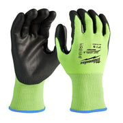 High-visibility work gloves with lime-green knit upper, black polyurethane-dipped palms, and blue cuff trim shown front and b