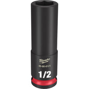 Black cylindrical deep socket with hexagonal opening, Milwaukee branding, model number 49-66-6121, and "1/2" marking, red gri