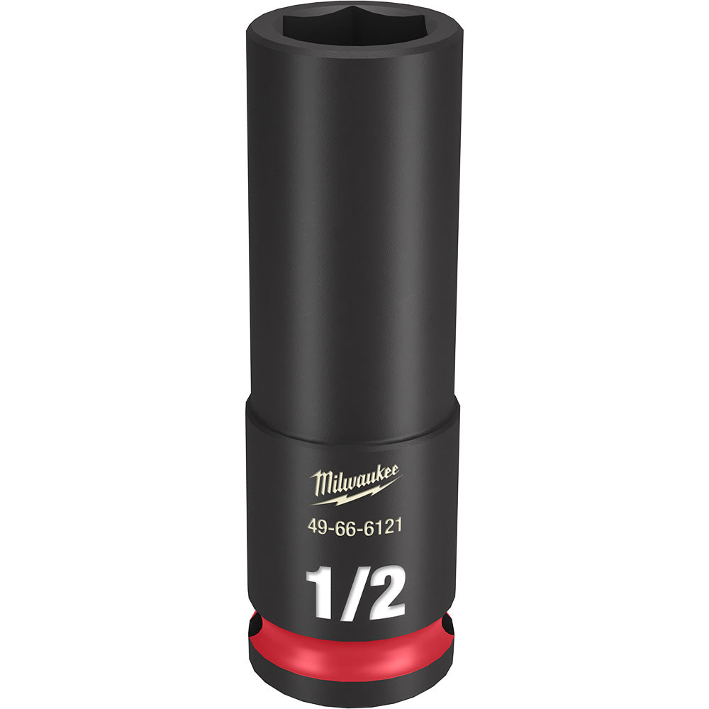 Black cylindrical deep socket with hexagonal opening, Milwaukee branding, model number 49-66-6121, and "1/2" marking, red gri