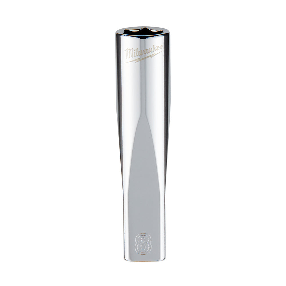 Chrome metal deep socket with hexagonal opening and Milwaukee branding on polished silver finish.