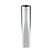 Chrome metal deep socket with hexagonal opening and Milwaukee branding on polished silver finish.