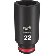 Black Milwaukee 22MM deep socket with hexagonal opening and red grip band at base.
