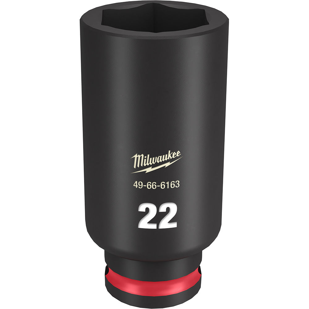 Black Milwaukee 22MM deep socket with hexagonal opening and red grip band at base.
