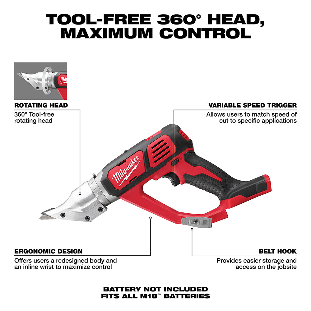 Red and black Milwaukee M18 cordless shear with 360° rotating head, variable speed trigger, and belt hook.