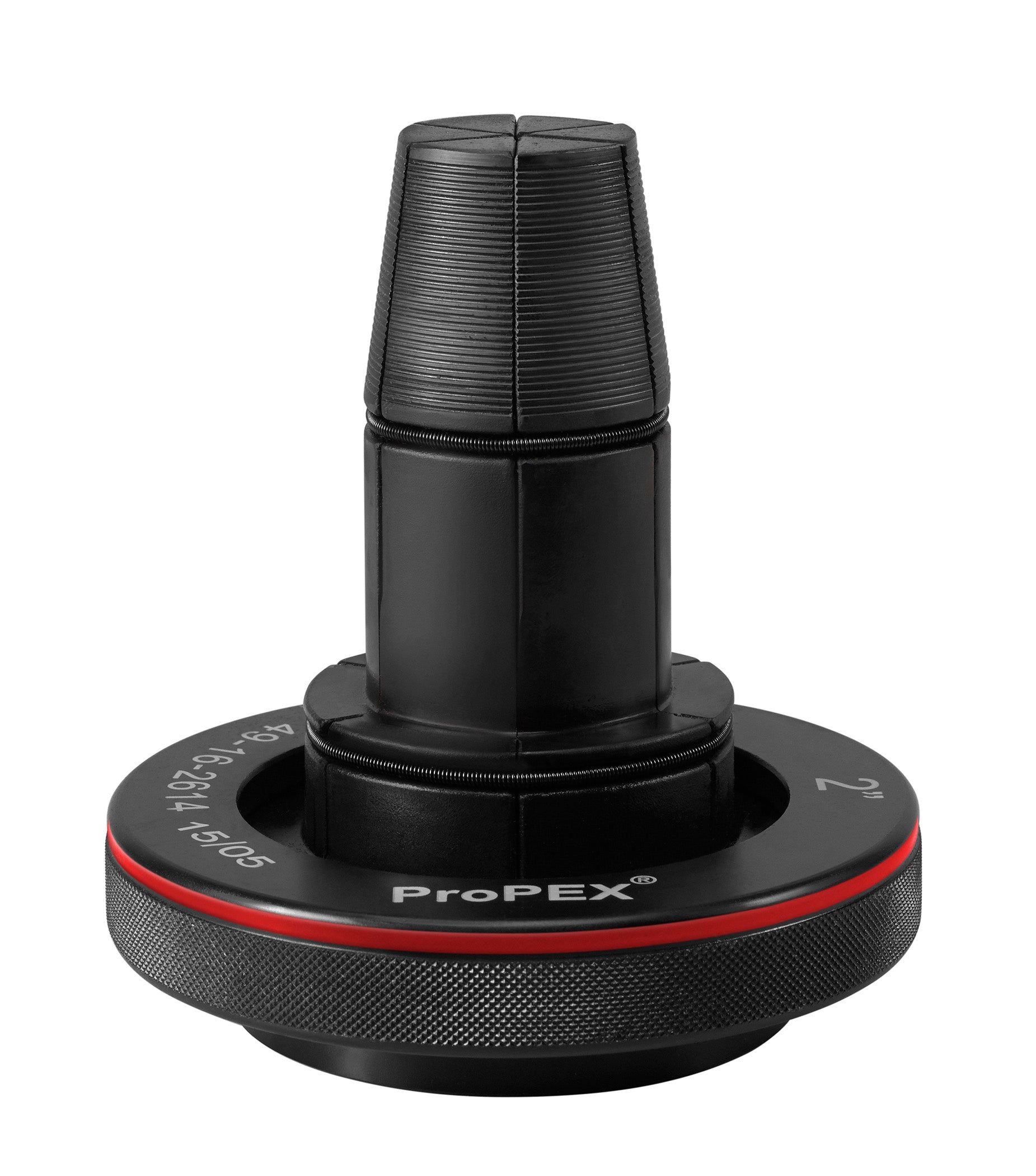 Milwaukee 2" ProPEX expansion head with black conical body, textured base ring with red stripe, and ribbed upper portion.