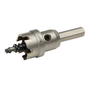 Milwaukee 1" carbide hole cutter with silver cylindrical body, black cutting teeth, and center pilot bit.