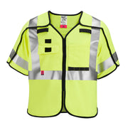 Bright yellow-green safety vest with silver reflective strips, black trim, front zip closure, and multiple chest pockets with