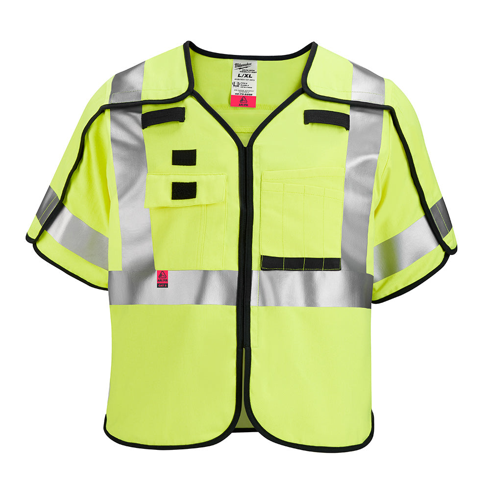Bright yellow safety vest with reflective silver stripes, multiple front pockets, and breakaway closures on shoulders.