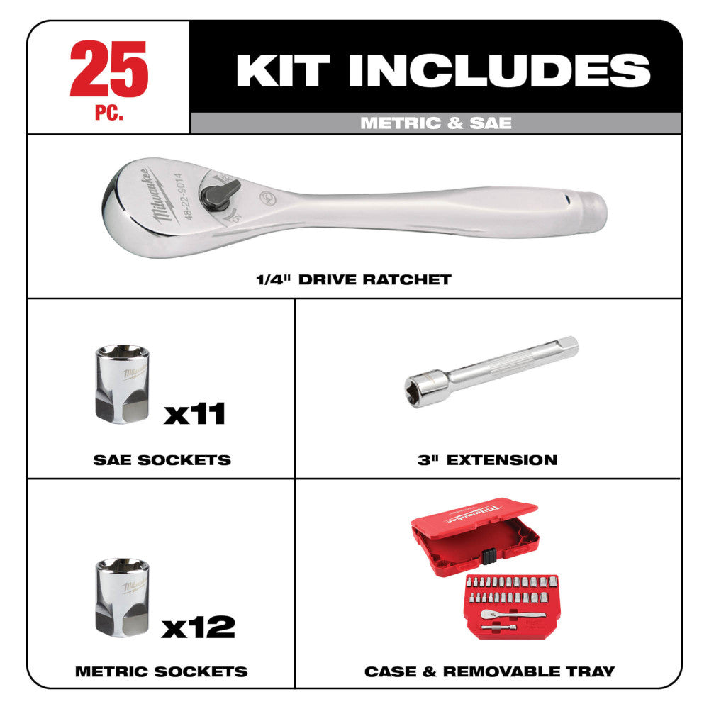 1/4" drive ratchet with 11 SAE sockets, 12 metric sockets, 3" extension, and red carrying case with removable tray.
