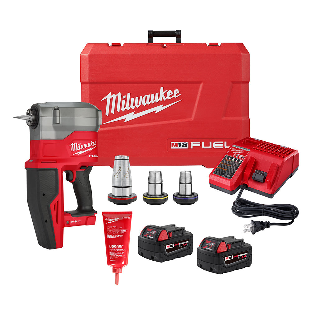 Milwaukee M18 FUEL ProPEX expander kit with red tool, three expander heads, two batteries, charger, lubricant, and carrying c