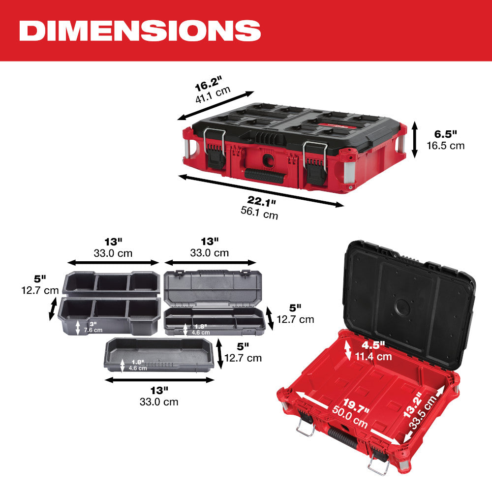 Red and black Milwaukee PACKOUT tool box with dimensions 22.1" x 16.2" x 6.5" and removable organizer trays.