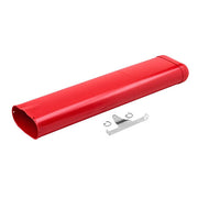 Red cylindrical chain container with metal fastening hardware and clips included.