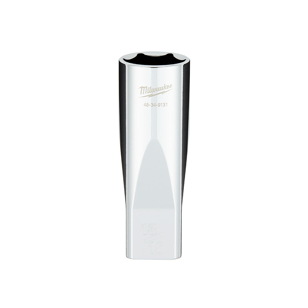 Silver Milwaukee deep socket with black grip band and square drive opening at top, marked with model number and size designat