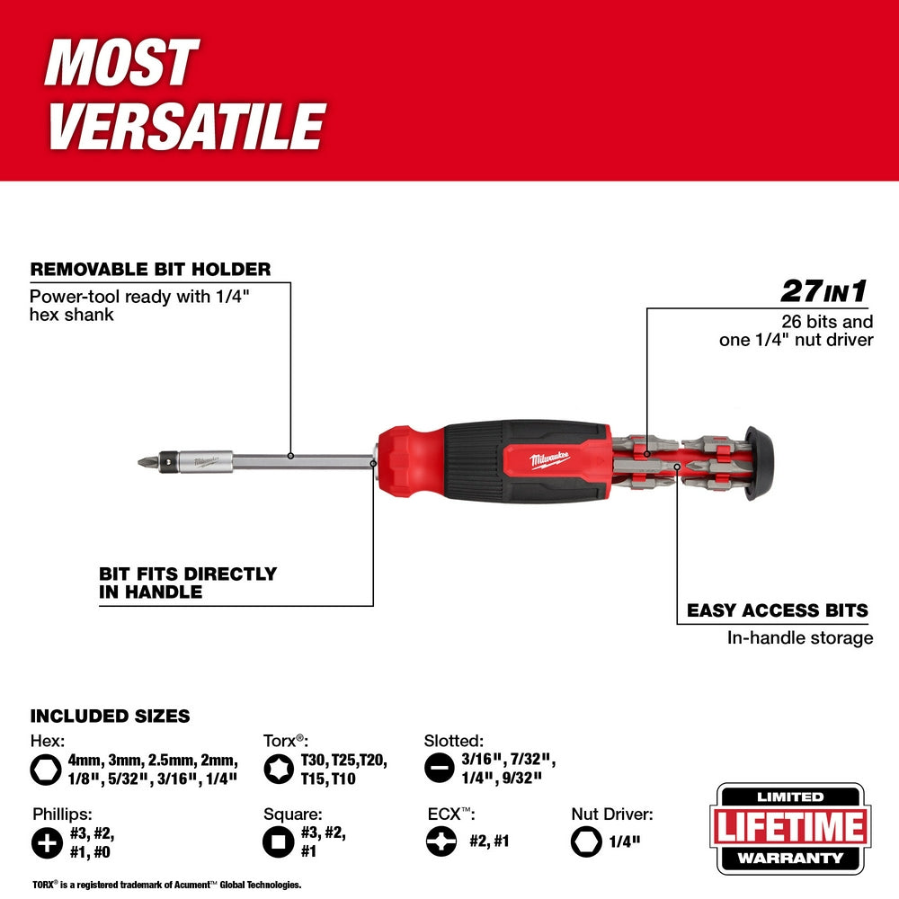 Milwaukee 48-22-2901 27-in-1 multi-bit screwdriver with red and black handle, removable bit holder, and stored bits visible i