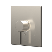 Brushed nickel square shower valve trim with single round lever handle and small adjustment port on escutcheon plate.