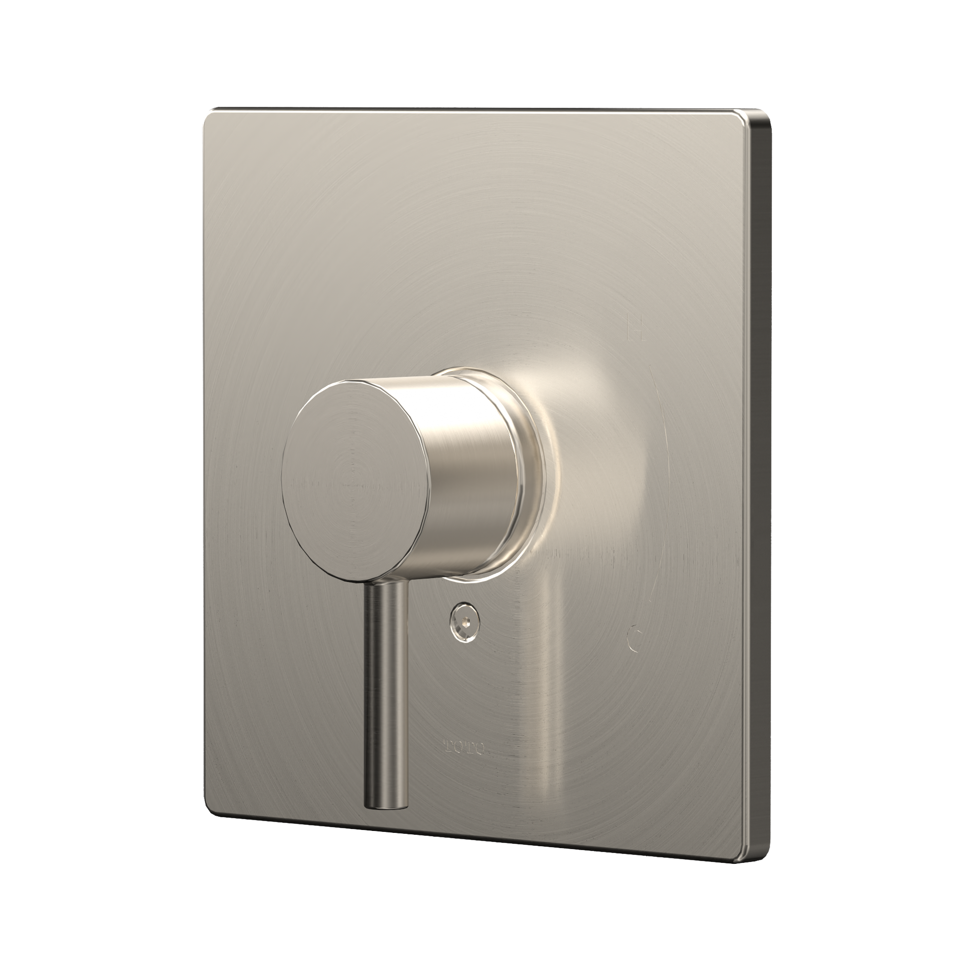 Brushed nickel square shower valve trim with single round lever handle and small adjustment port on escutcheon plate.