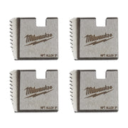 Four Milwaukee 2" NPT alloy pipe threading dies with serrated cutting edges and manufacturer branding on brushed metal surfac