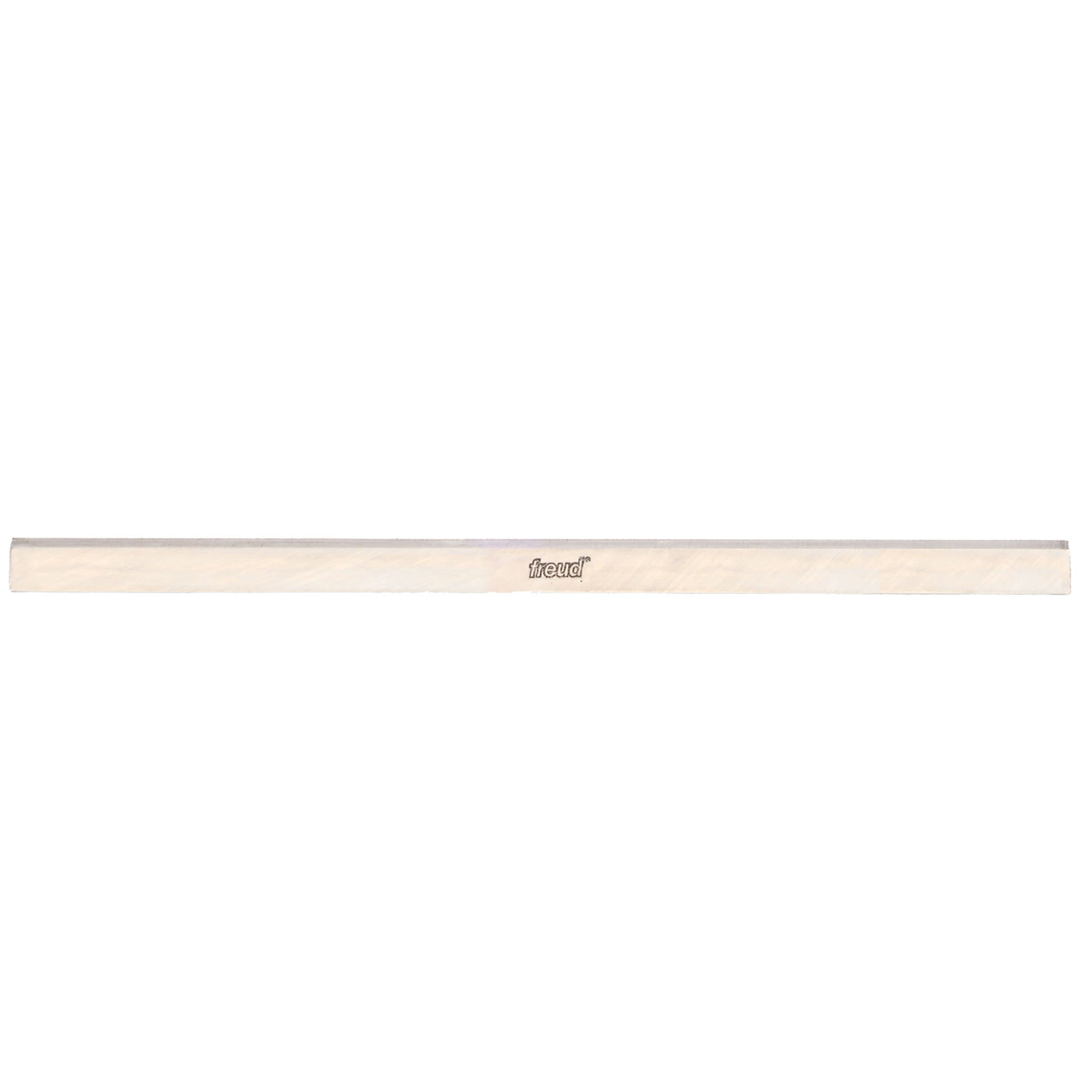 Long, thin metal planer knife with beige backing and Freud branding on light background.
