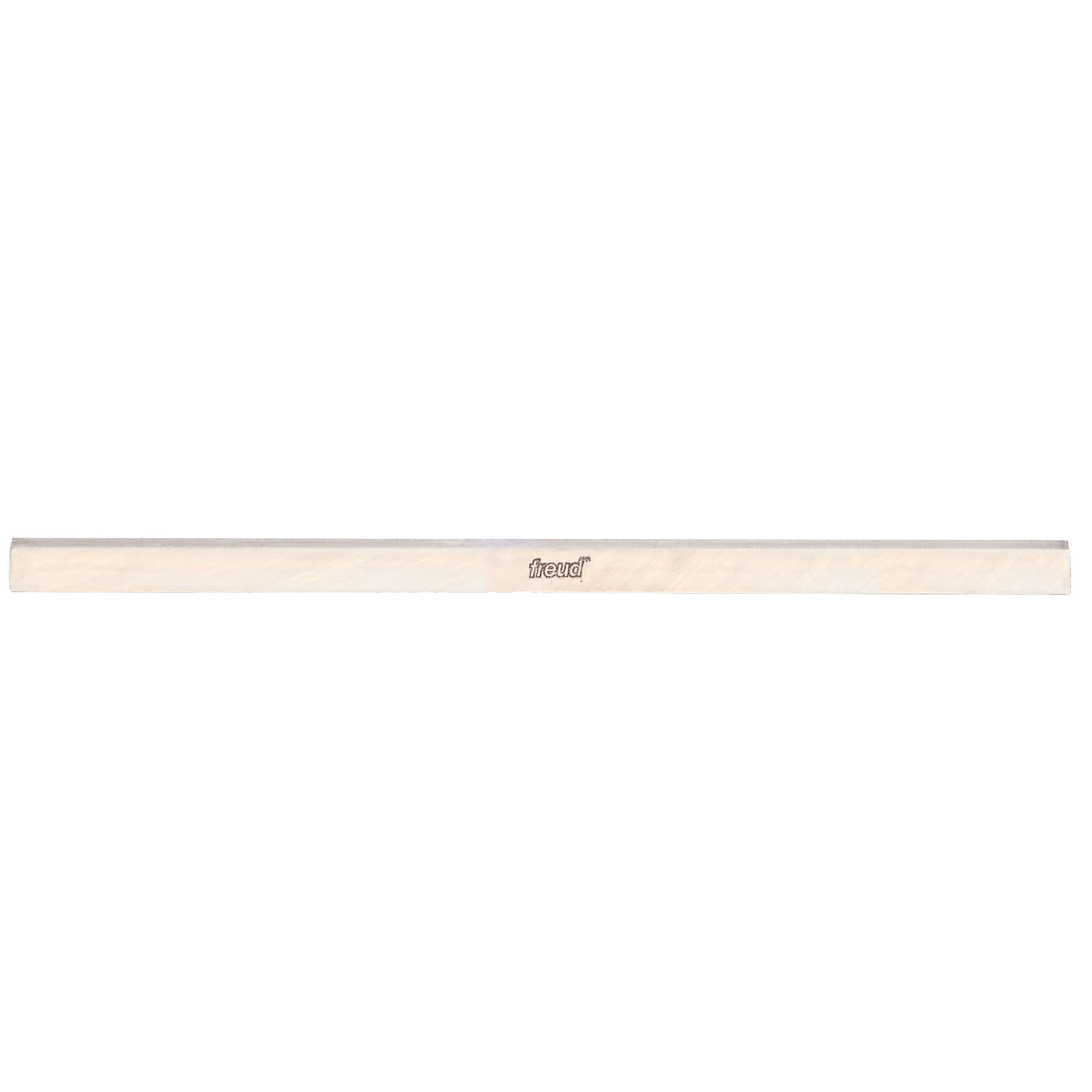 Long, thin metal planer knife with beige backing and Freud branding on light background.
