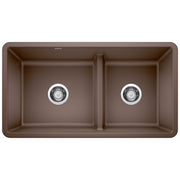 Cafe brown double undermount kitchen sink with low divider and chrome drain strainers, viewed from above.
