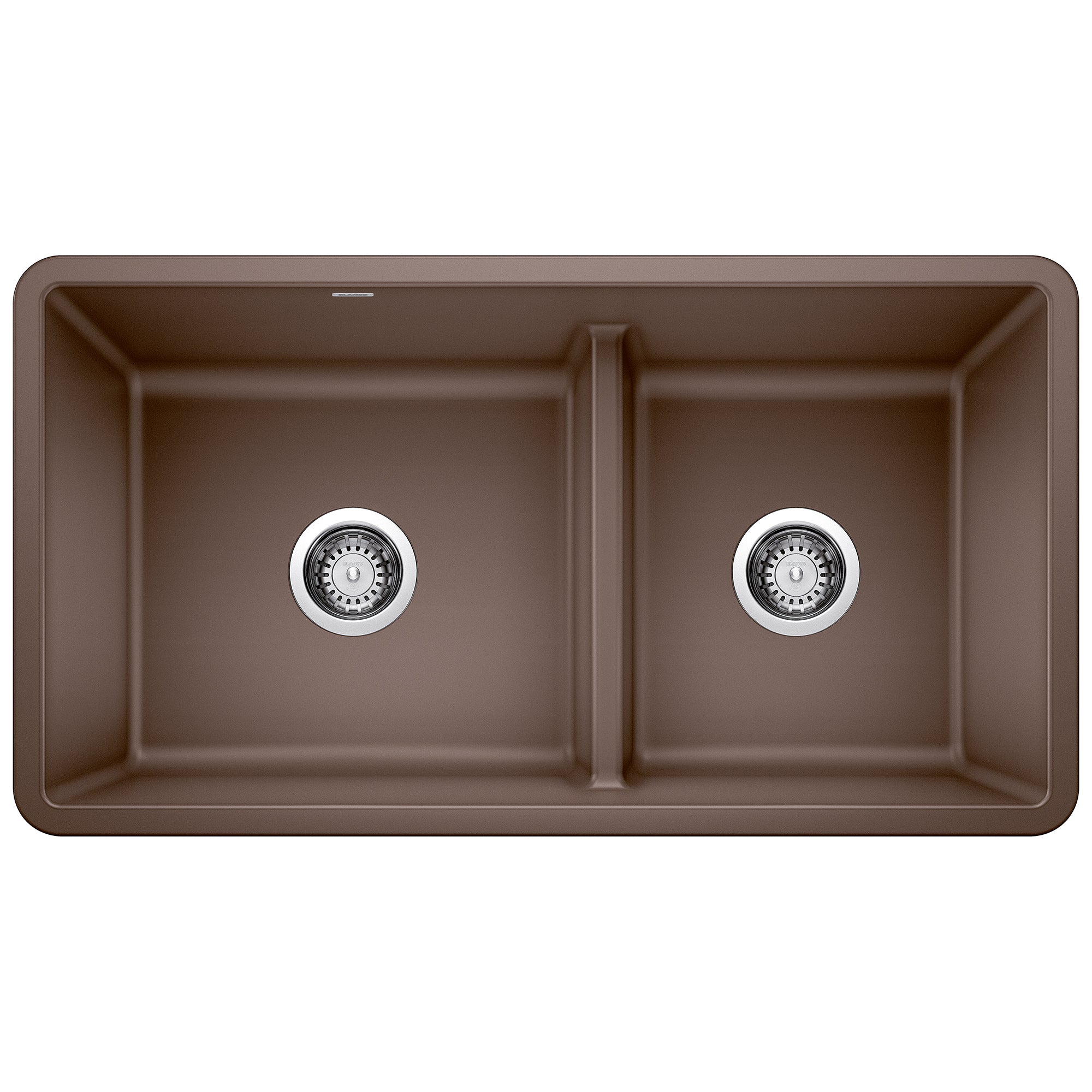 Cafe brown double undermount kitchen sink with low divider and chrome drain strainers, viewed from above.