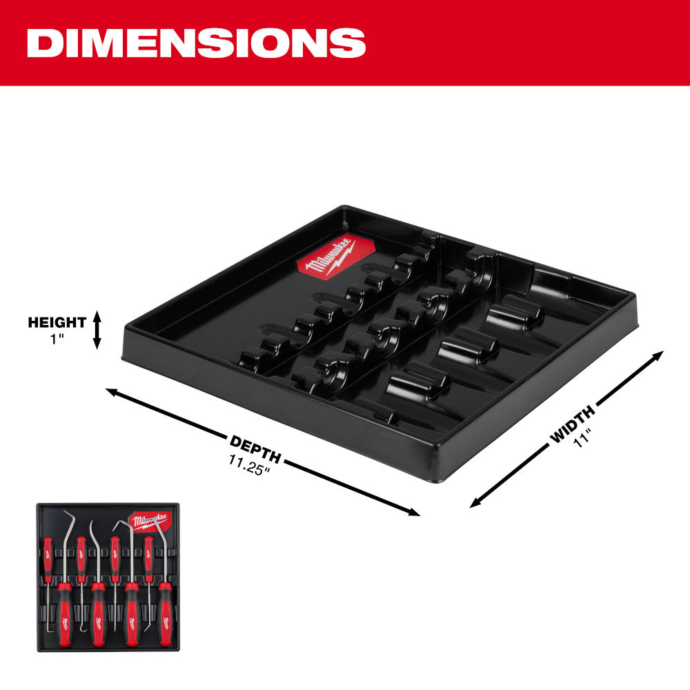 Eight hook and pick tools with red and black handles arranged in a black storage tray.