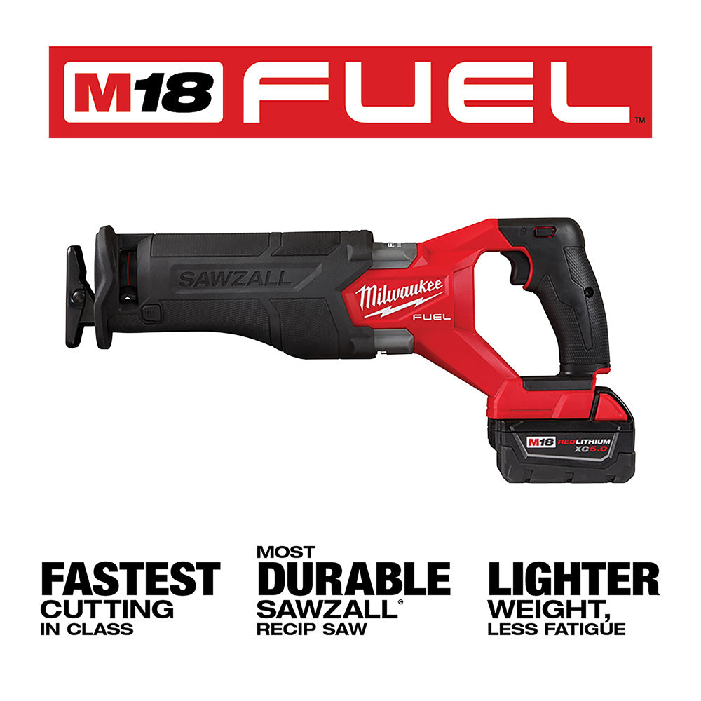 Milwaukee M18 FUEL red and black reciprocating saw with battery and M18 FUEL branding visible.