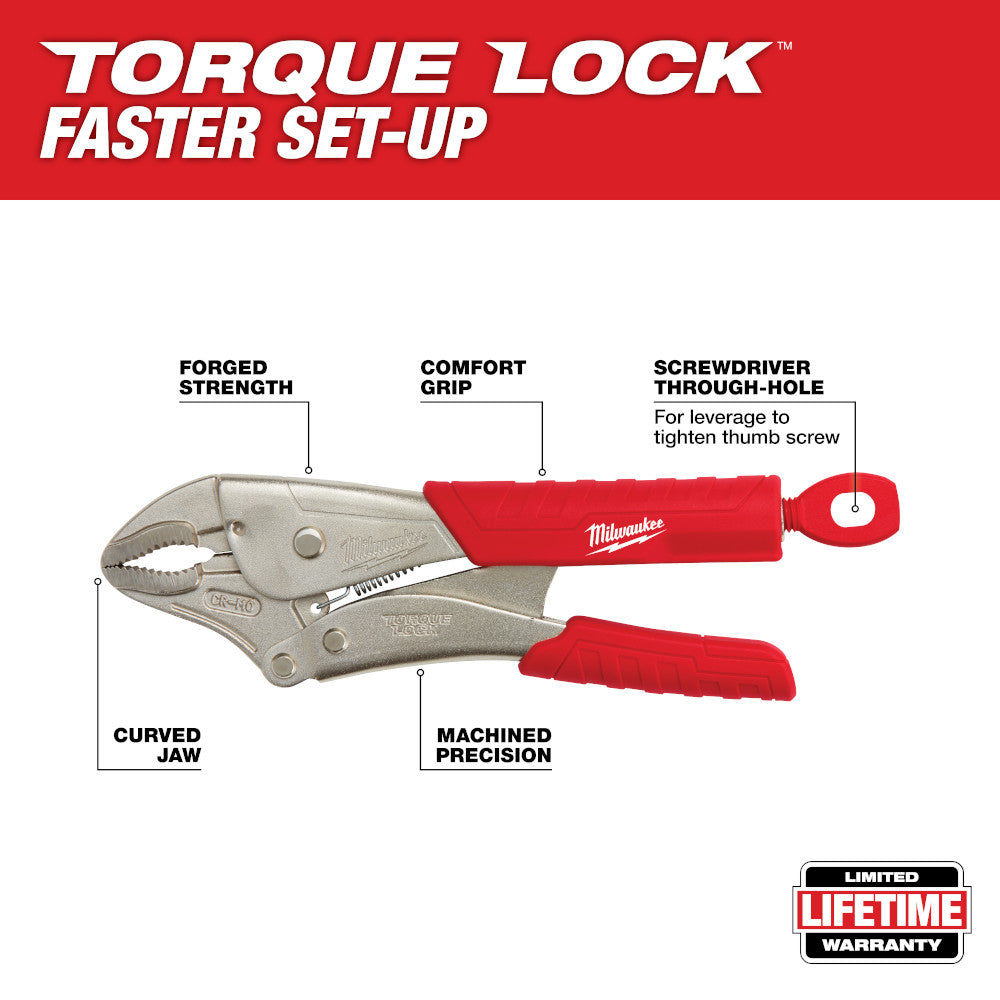 Milwaukee TORQUE LOCK curved jaw locking pliers with red comfort grip and screwdriver through-hole, labeled features shown.