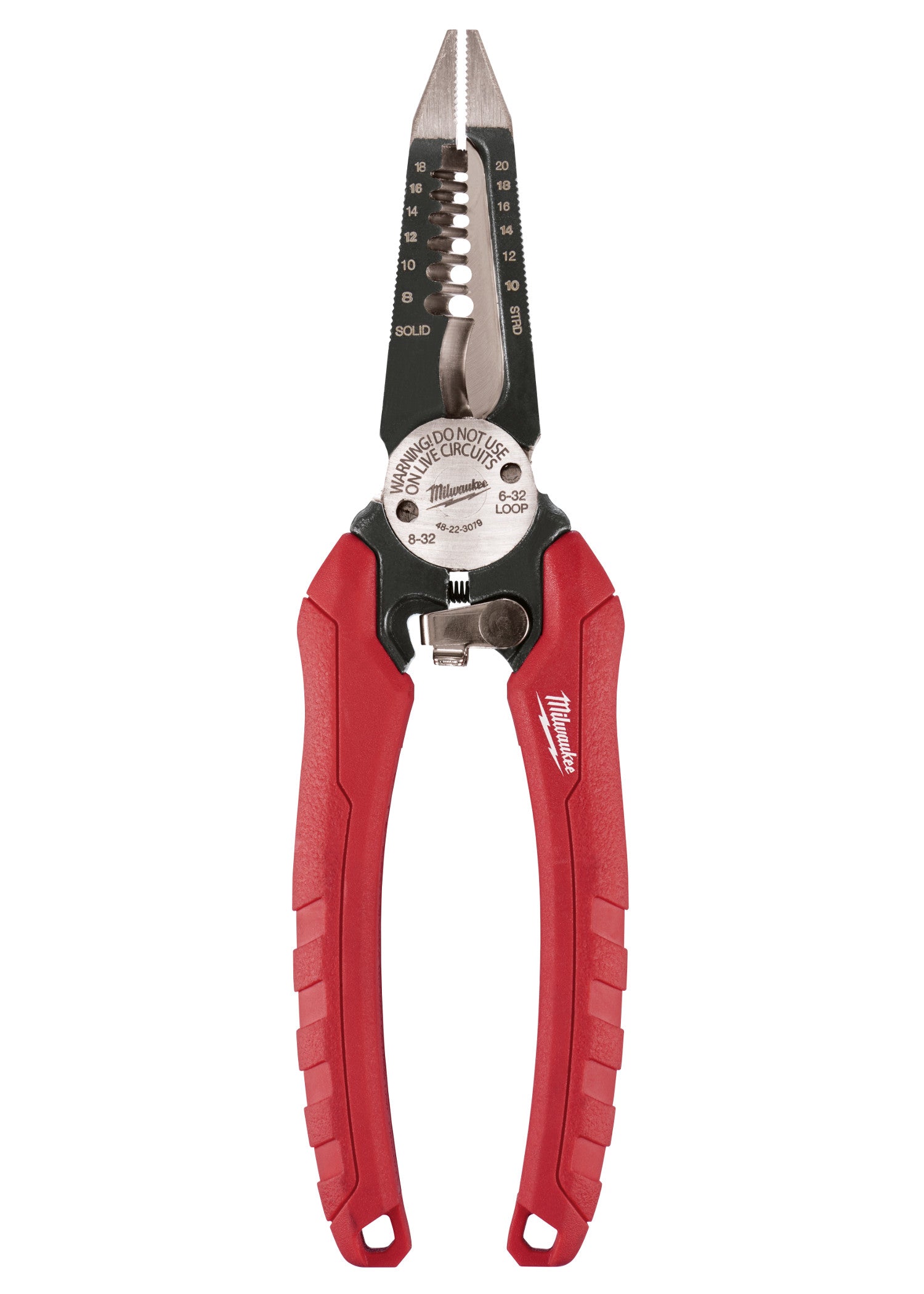 Red-handled electricians combination pliers with black upper jaw featuring wire gauge markings and cutting notches.