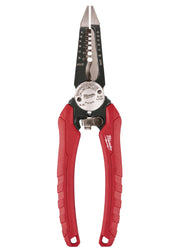 Red-handled electricians combination pliers with black upper jaw featuring wire gauge markings and cutting notches.