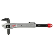 Milwaukee aluminum pipe wrench with black jaw, gray handle, and red end knob.