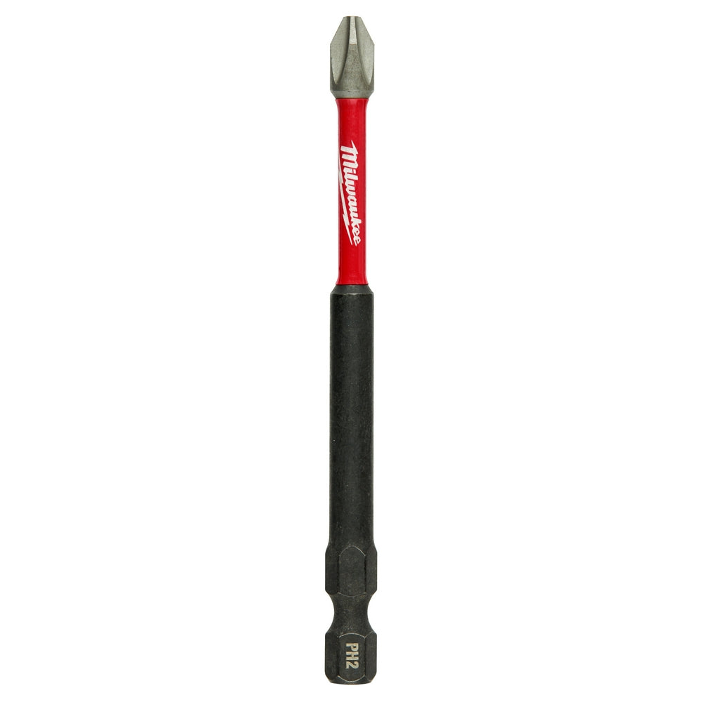 Milwaukee Shockwave Phillips #2 impact power bit with red shaft and black grip, 3-1/2 inches long.
