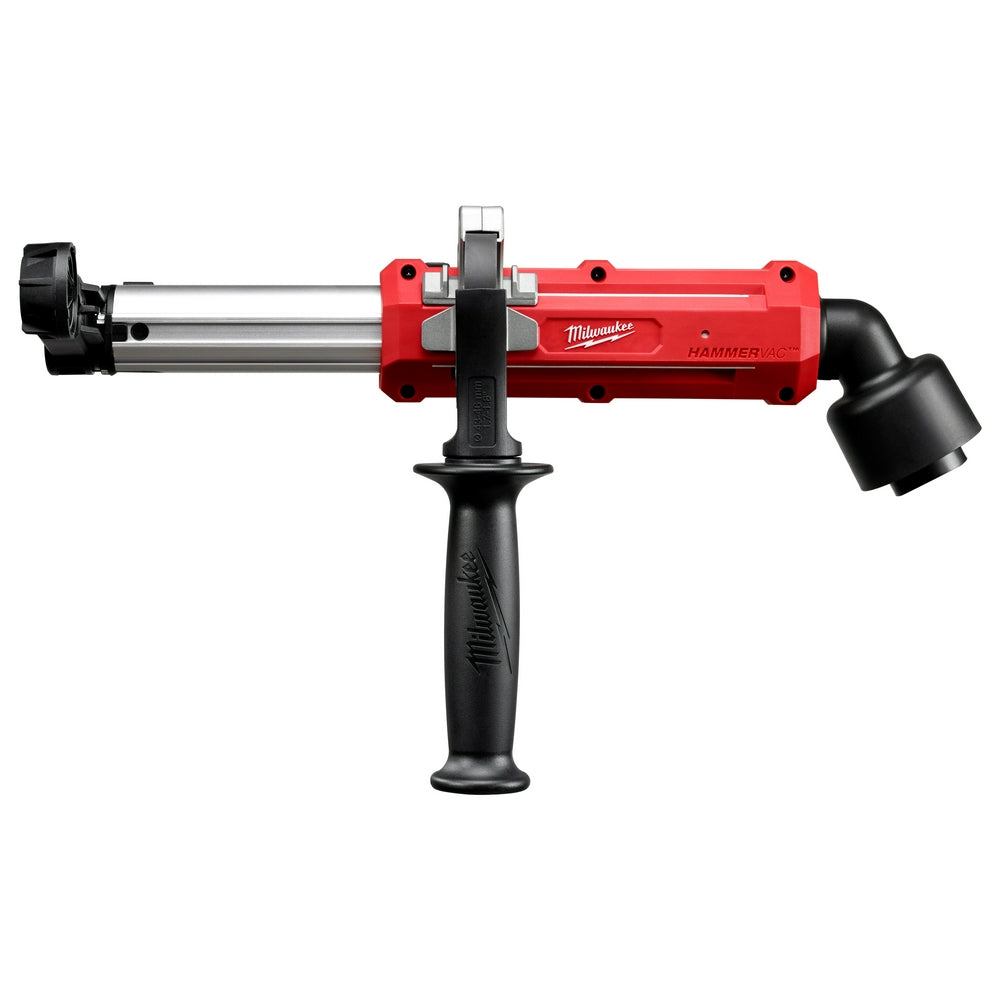 Red and black Milwaukee Hammer dust extractor with cylindrical barrel, black grip handle, and dust collection ports on both e