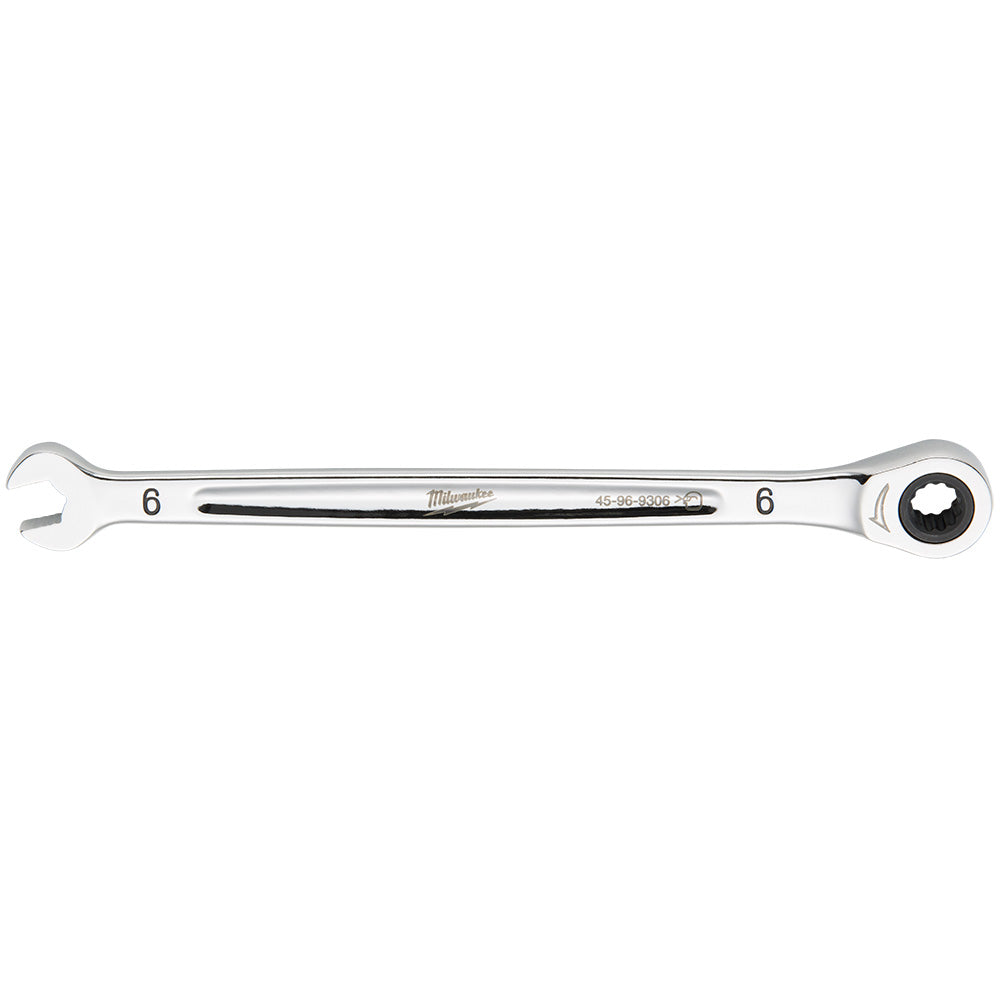 Chrome 6mm ratcheting combination wrench with open end and ratchet head, model number marked on shaft.