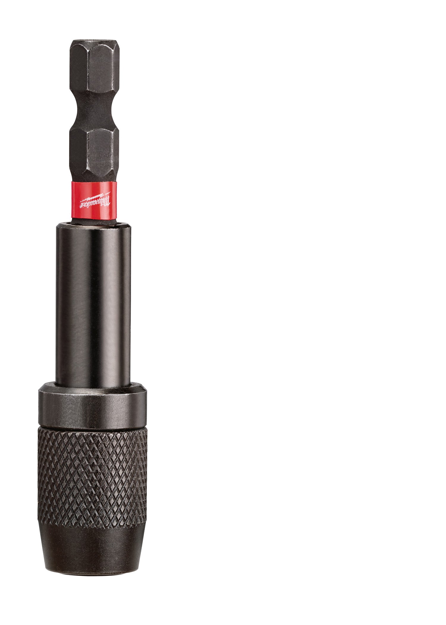 Black and red Milwaukee Shockwave impact locking bit holder with hexagonal drive socket and textured grip base.