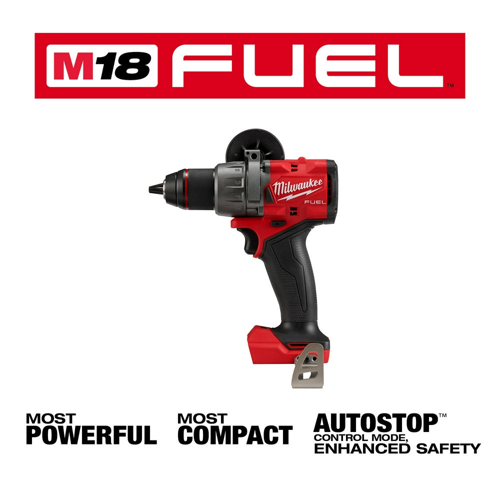 Red and black Milwaukee M18 FUEL 1/2" drill/driver with chuck and trigger, shown without battery.